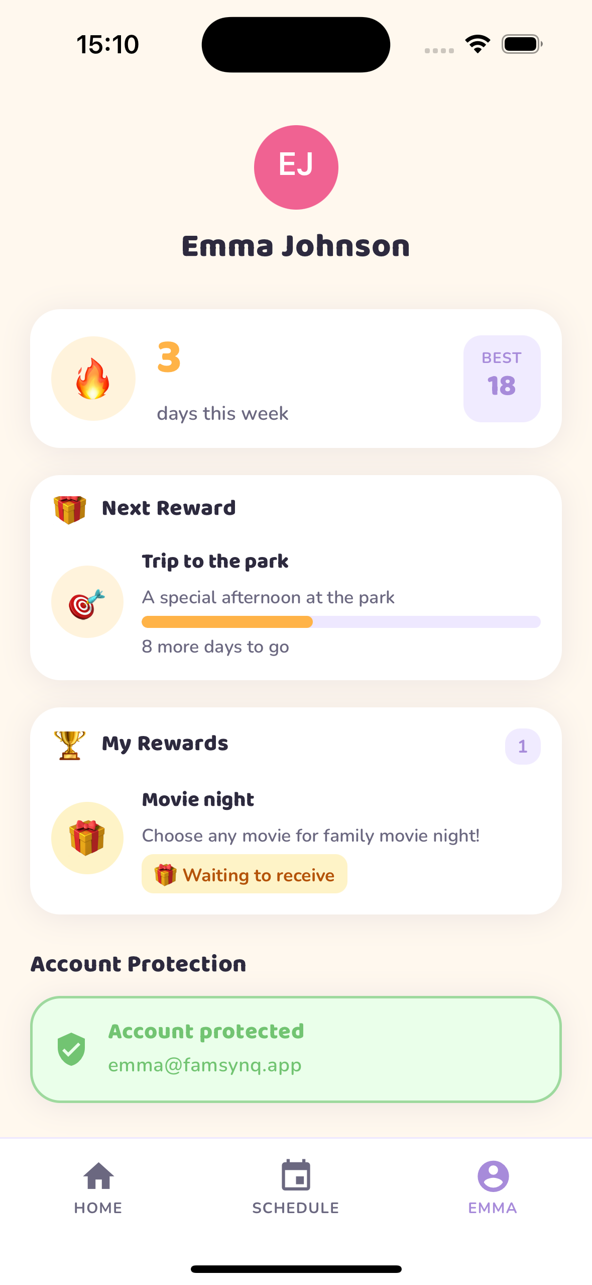 Kid profile with streaks and rewards