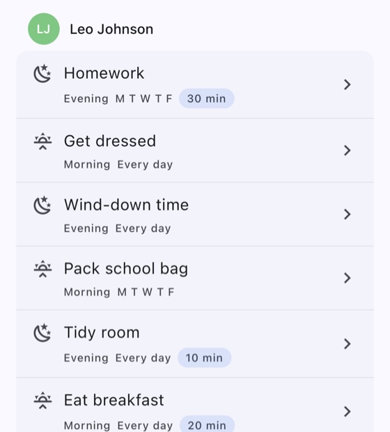 A child's routines, each with the days it runs and how long it takes