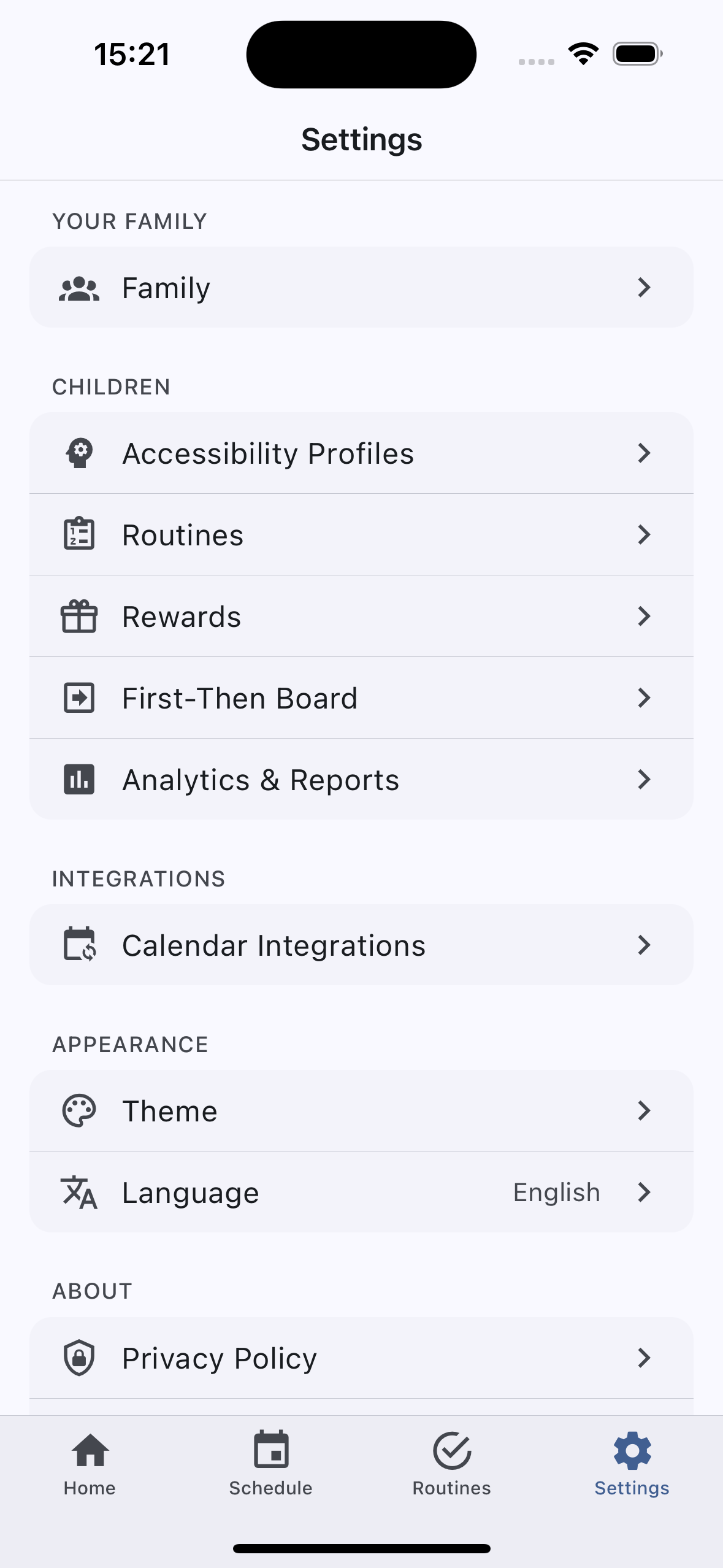 Settings screen with family, routines, rewards, and integrations